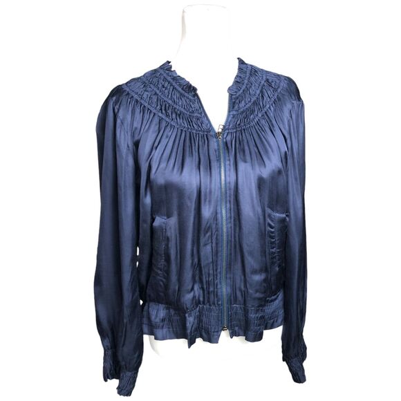 Love‎ Sam Silk Floral Embroidered Navy Short Zipper Bomber Jacket Size L - Picture 1 of 10
